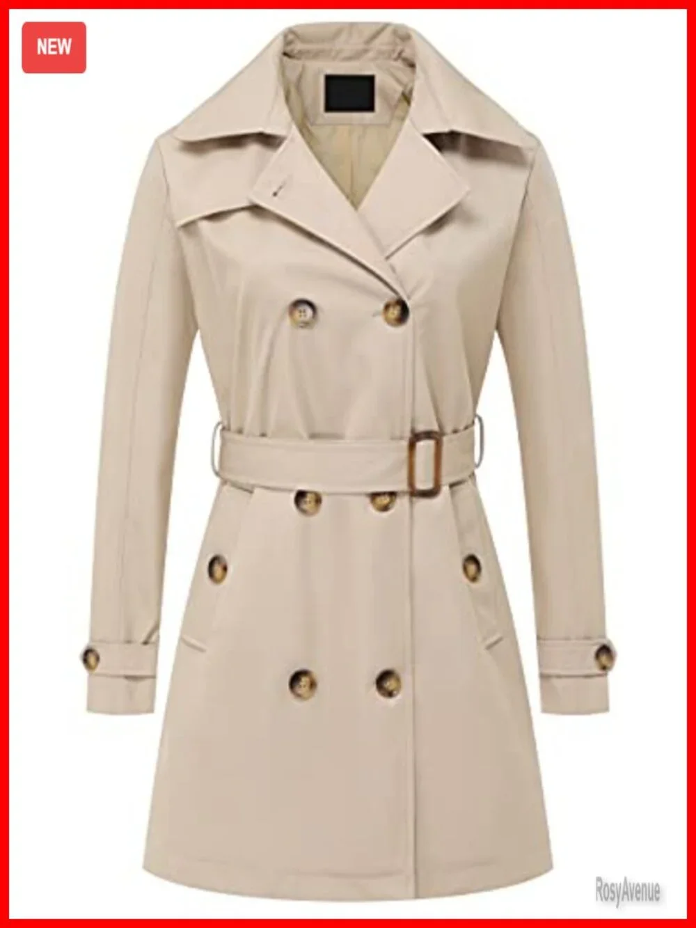 Womens Double Breasted Trench Coat Mid-Length Belted Overcoat Detachable Hood